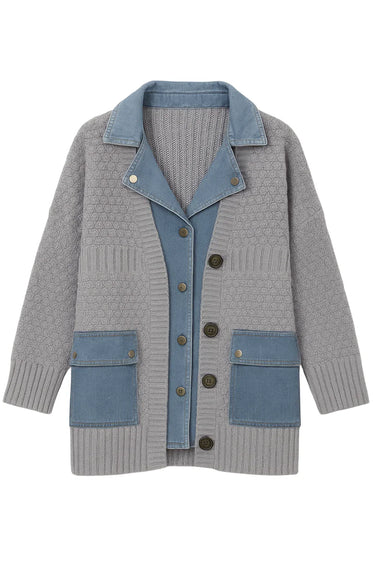 Denim Patchwork Knitted Sweaters Women Single Breasted Loose Irregular Cardigan Female Clothing Autumn Winter